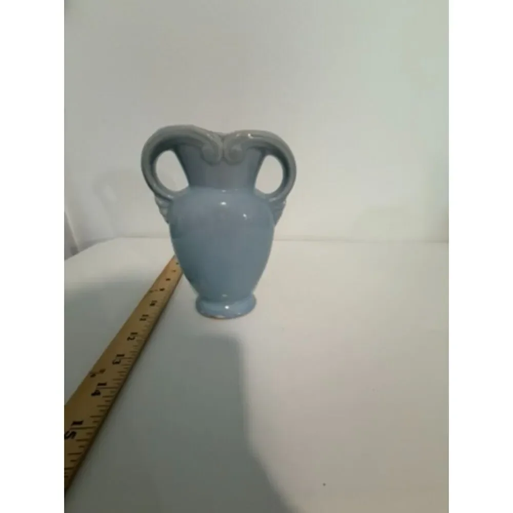 vtg. mid century blue handled pillow vase, art deco style